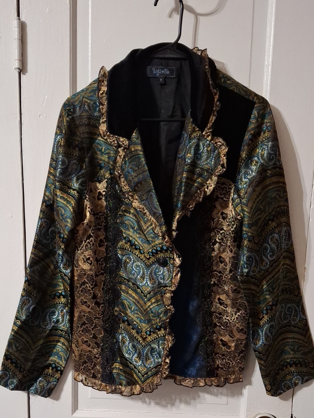 Paisley Brocade Velvet-Trim Blazer in Black, Gold & Teal (Mis433)